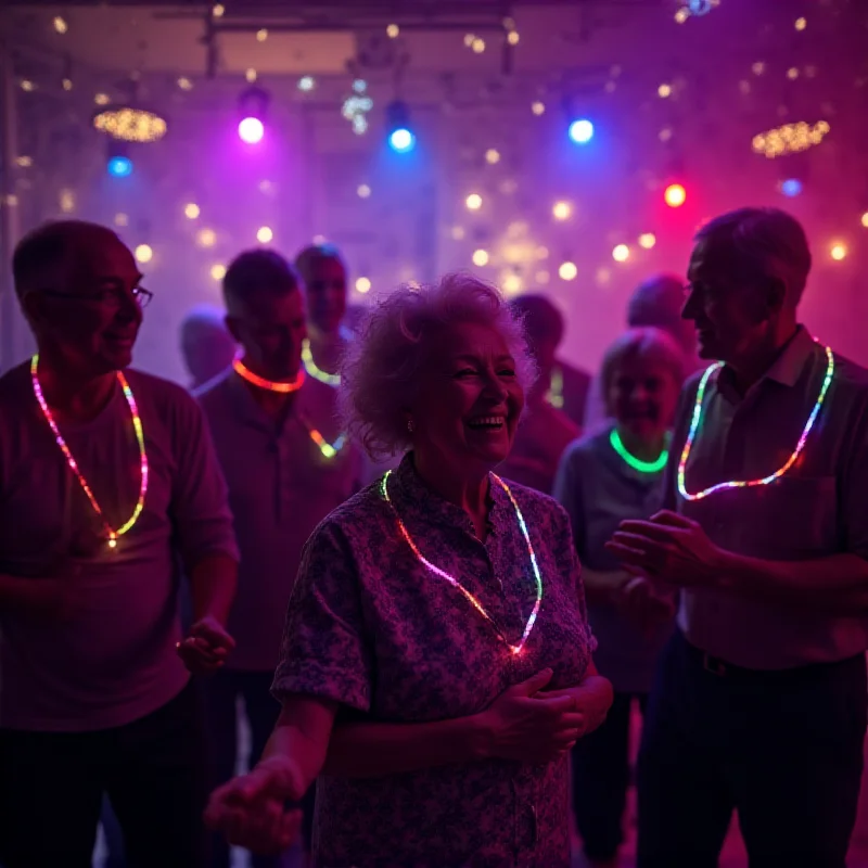 A group of elderly people wearing glowsticks and dancing in a care home with strobe lighting