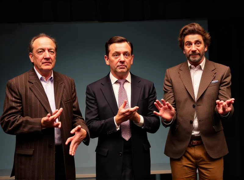 Three actors dressed as Eric Morecambe, Tommy Cooper, and Bob Monkhouse on a stage, performing a comedic act