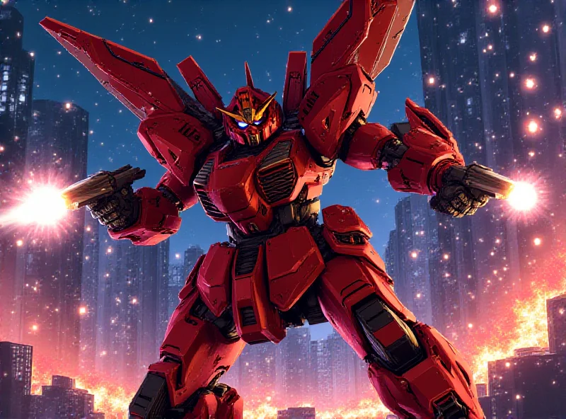 Illustration of a Red Gundam mobile suit engaged in a dynamic battle scene, with explosions and futuristic city background.