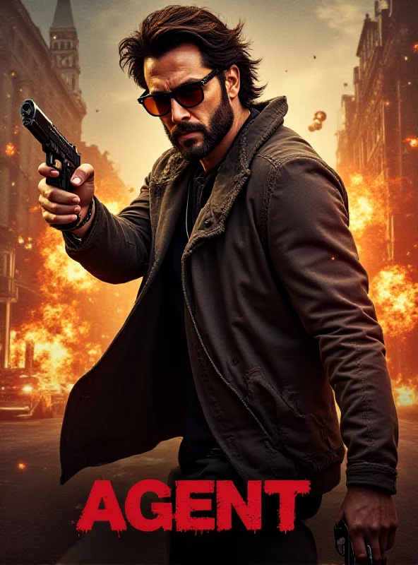 A dramatic movie poster for the film 'Agent', featuring Akhil Akkineni in a stylish action pose, holding a gun, with explosions and cityscape in the background.