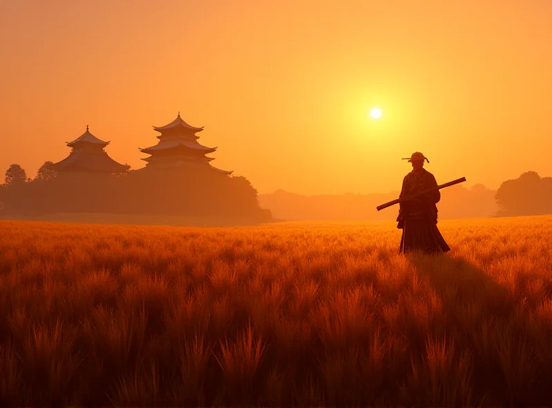 Concept art from Assassin's Creed Shadows, showcasing a samurai warrior standing in a field of golden wheat, with a Japanese castle in the background during sunset.