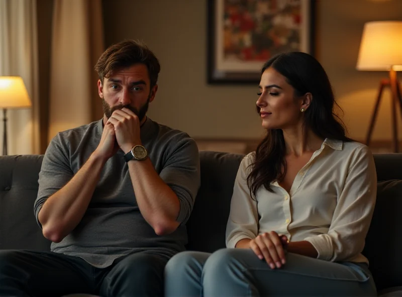 A man sitting on a couch, looking thoughtful, with a woman sitting next to him smiling.