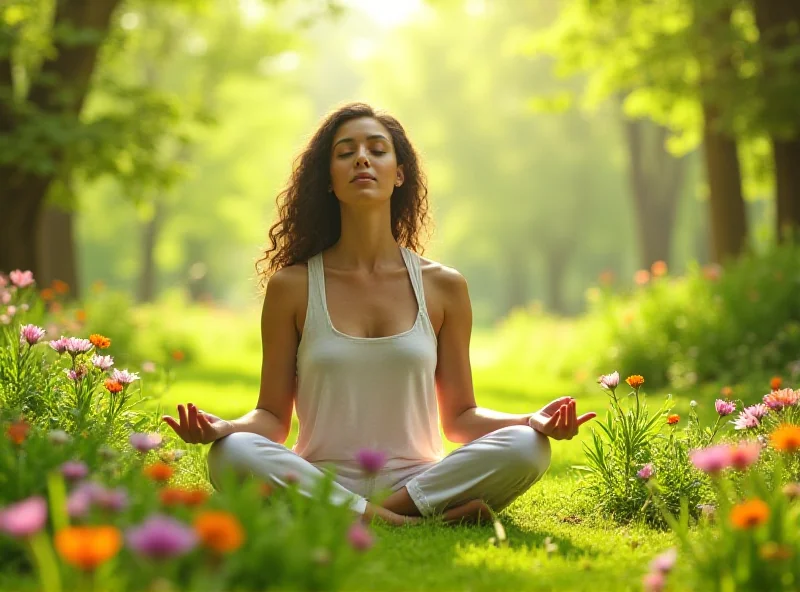 A young woman meditating in a peaceful garden, bathed in soft sunlight.