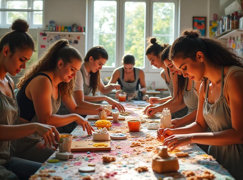 A group of young adults working collaboratively in a brightly lit, modern art studio.