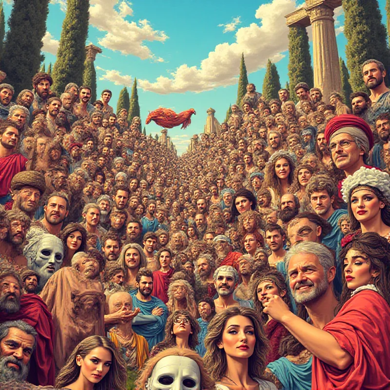 A digital illustration depicting various historical figures and modern celebrities coexisting in a vibrant, chaotic scene, representing the evolution of pop culture.