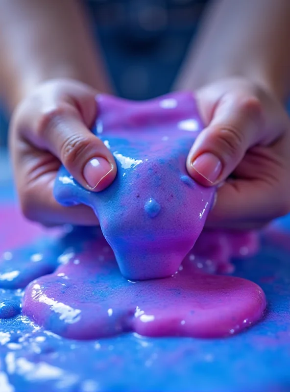 Close-up shot of hands gently manipulating colorful slime, creating a visually appealing and relaxing ASMR experience.