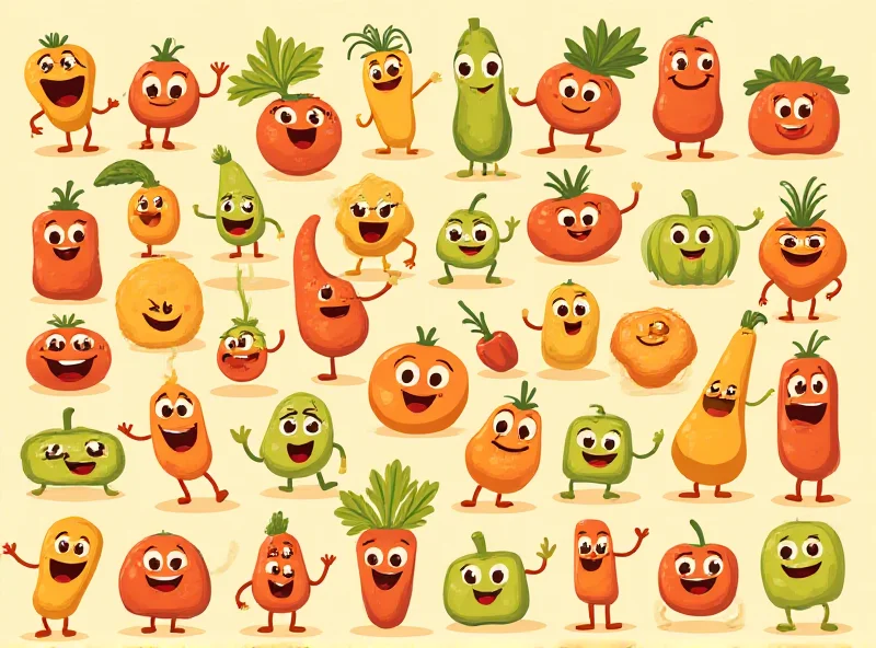 A grid of cartoon smiley vegetables with one missing its pair.