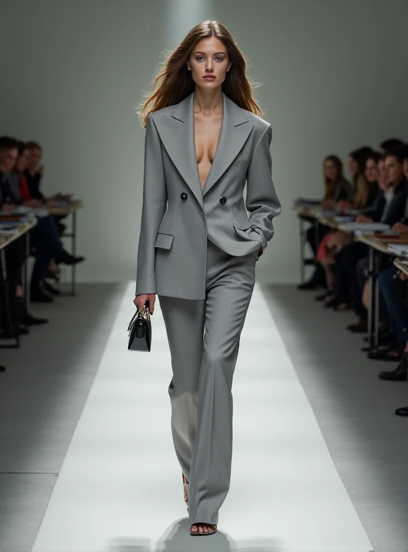 A model walking the runway at the Stella McCartney Paris Fashion Week show, wearing a low-waisted trouser suit.