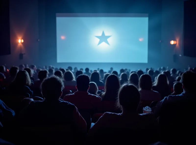 Movie theater interior with people watching a film on the big screen.