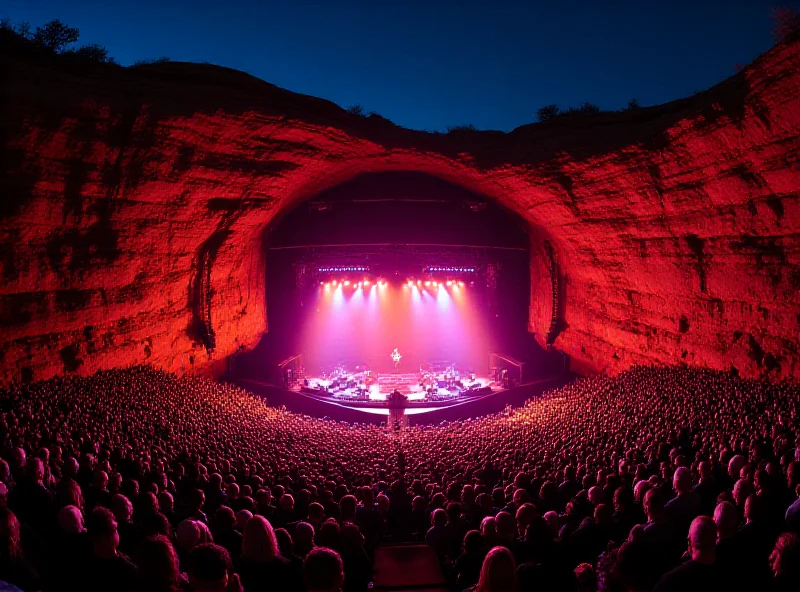 Panoramic view of Red Rocks Amphitheatre during a concert at night.