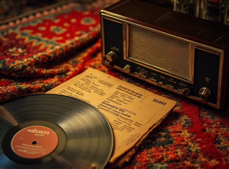 A vintage vinyl record with Cyrillic script on the label, surrounded by colorful Central Asian textiles and a vintage Soviet-era radio.