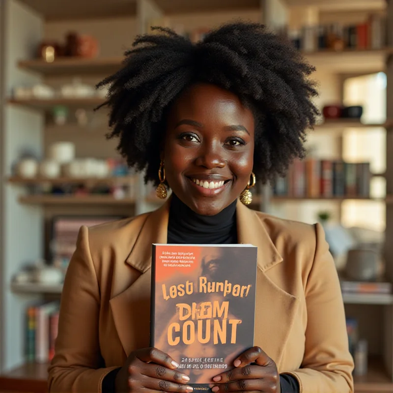 Chimamanda Ngozi Adichie sitting in a brightly lit room, smiling gently while holding a copy of her book, Dream Count.