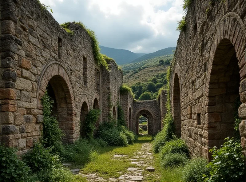 Exterior view of the ruins of an ancient Romanesque monastery, with weathered stone walls and crumbling arches, set against a backdrop of rolling green hills under a cloudy sky.