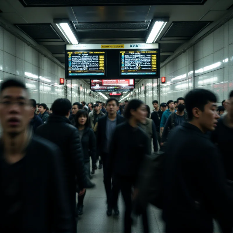 Crowded Tokyo metro station at rush hour, people are walking in different directions, with blurred motion. In the background, a large screen displays train schedules and public announcements. Sounds of trains, announcements, and crowds fill the air.