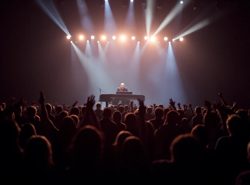 Crowd shot of a Billy Joel concert with the stage in the background. The lighting is dramatic and the atmosphere is energetic.