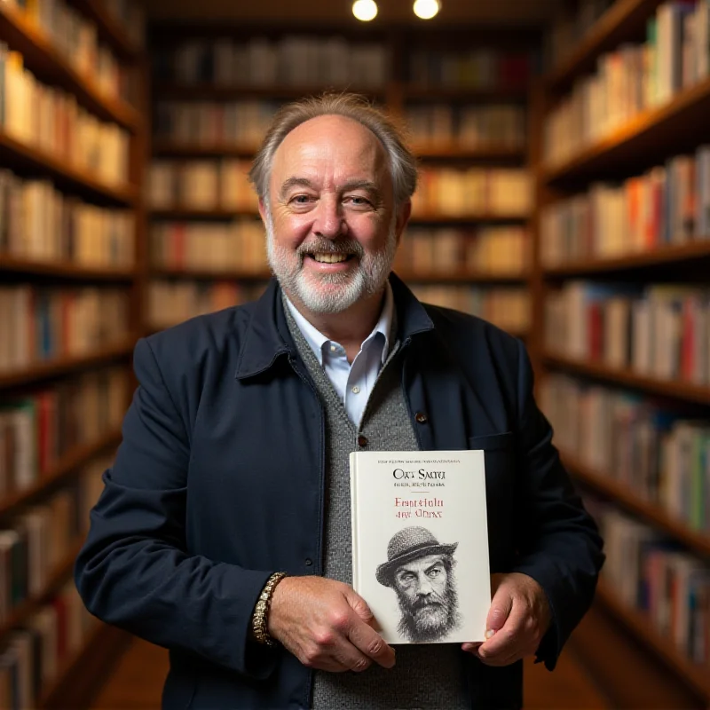 Giacomo Salvini standing in front of a bookshelf, smiling and holding a copy of his book 'Fratelli di Chat'.