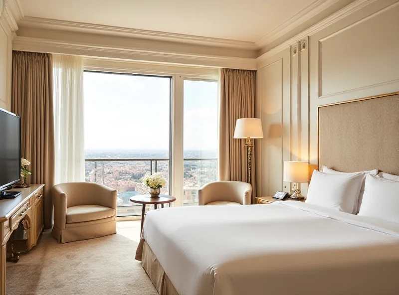 Opulent hotel suite with luxurious bedding, a sitting area, and large windows overlooking a city street.