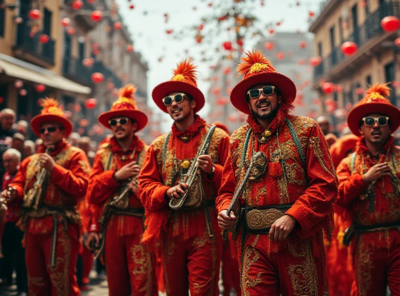 A chirigota group performing on stage in colorful costumes with musical instruments, with a large audience in the background.