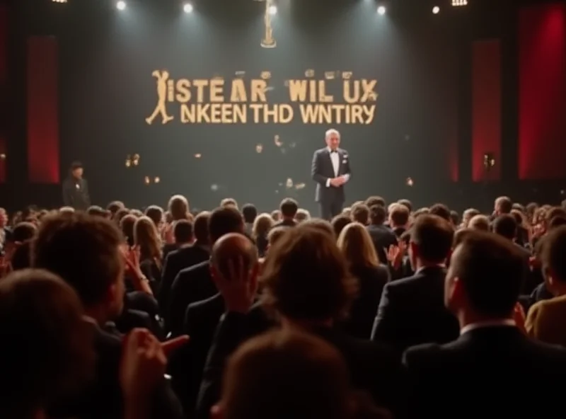 A still from a movie winning an award at the Oscars with a blurred audience in the background.