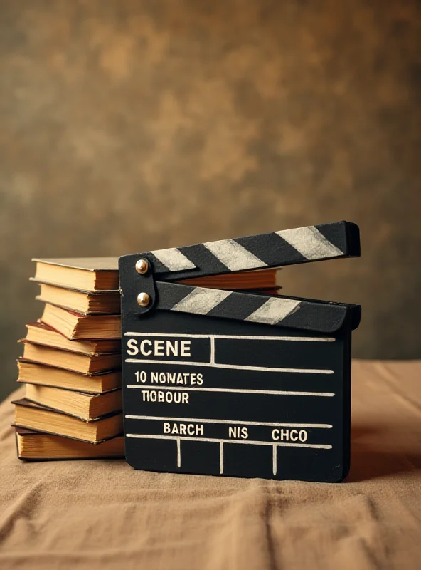 A stack of books next to a movie clapperboard.