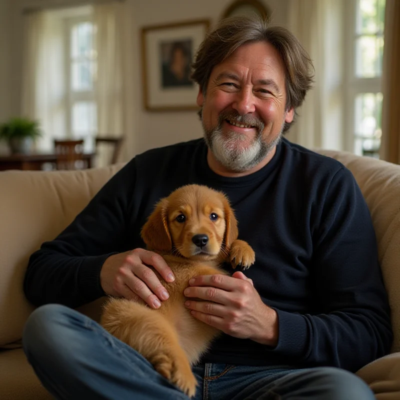 Bong Joon Ho smiling and petting a golden retriever puppy.