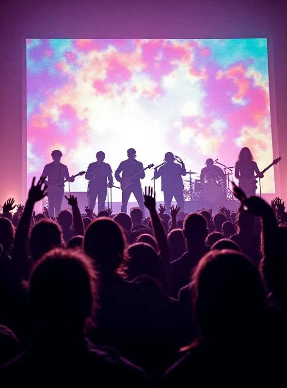 A concert scene with the band Phish performing on stage with psychedelic lighting and enthusiastic fans in the foreground