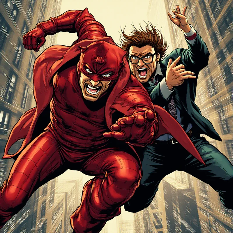 A comic book panel showing Daredevil and Foggy Nelson in action, side-by-side, fighting crime in Hell's Kitchen