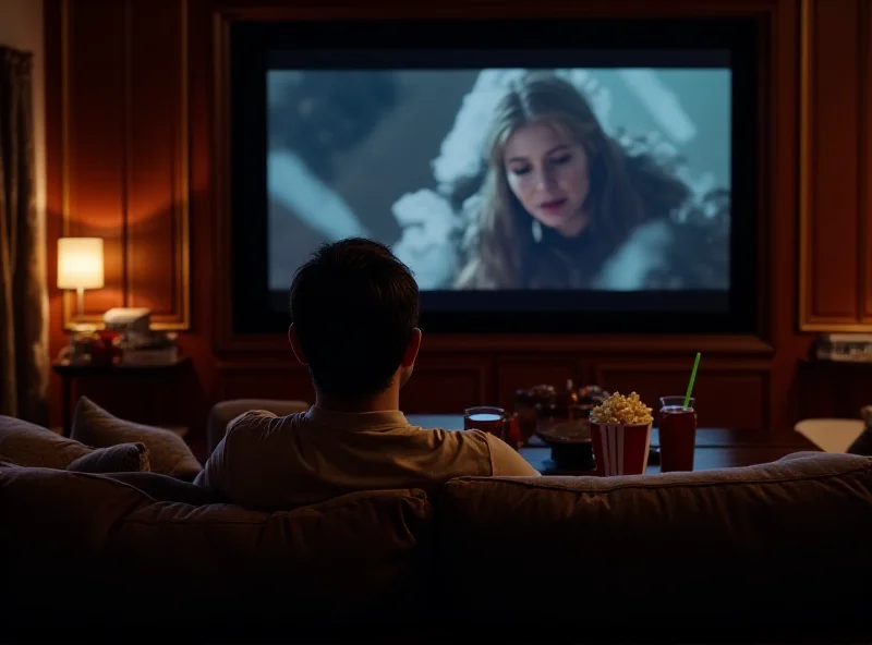 A person sitting on a couch, watching a movie on a large screen TV. Popcorn and drinks are on a nearby table.