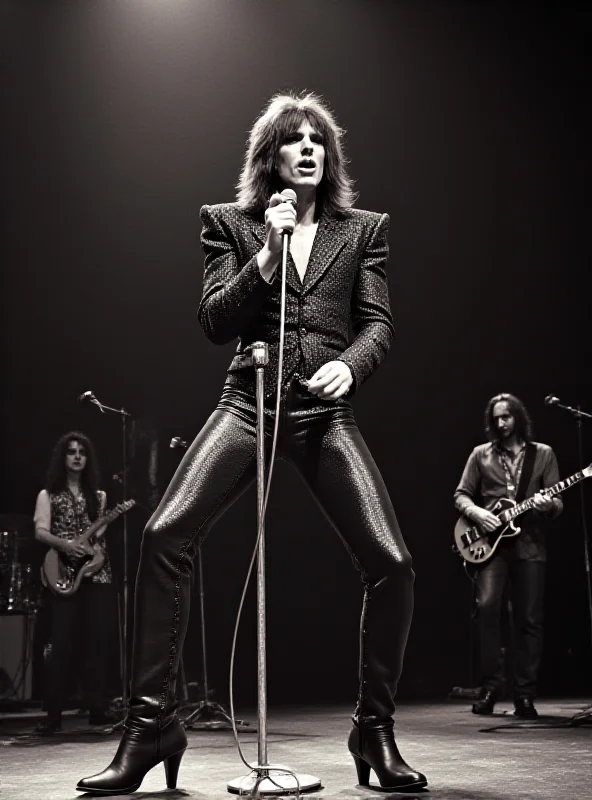 David Johansen performing on stage with the New York Dolls in the 1970s, wearing glam rock attire and holding a microphone.