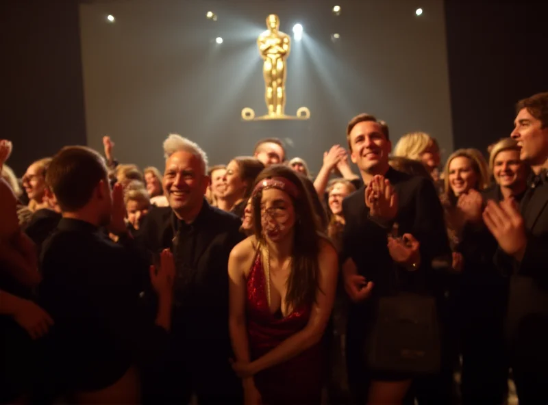 A diverse crowd of people in formal wear, celebrating at the Oscars, with bright lights and a celebratory atmosphere.