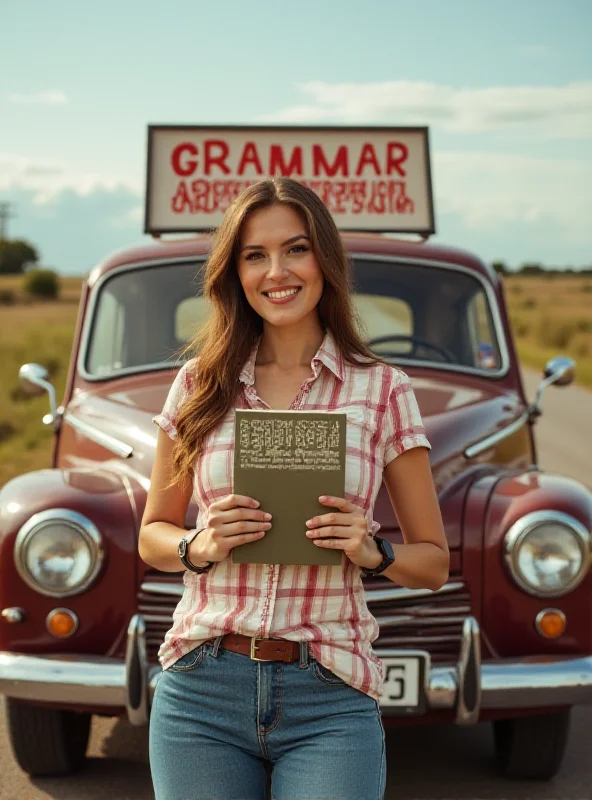 A woman holding a grammar textbook, standing in front of a classic car with a sign that says 'Grammar Across America'.