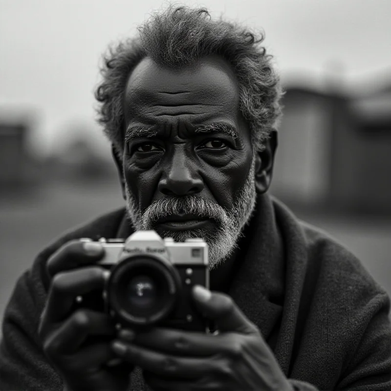 Ernest Cole, a Black South African photographer, holding a camera and looking thoughtfully at the camera, against a backdrop of apartheid-era South Africa.