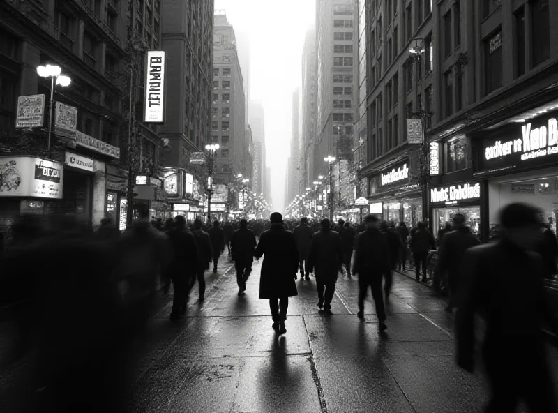 A captivating black and white photograph of a bustling city street, capturing the energy and rhythm of urban life.