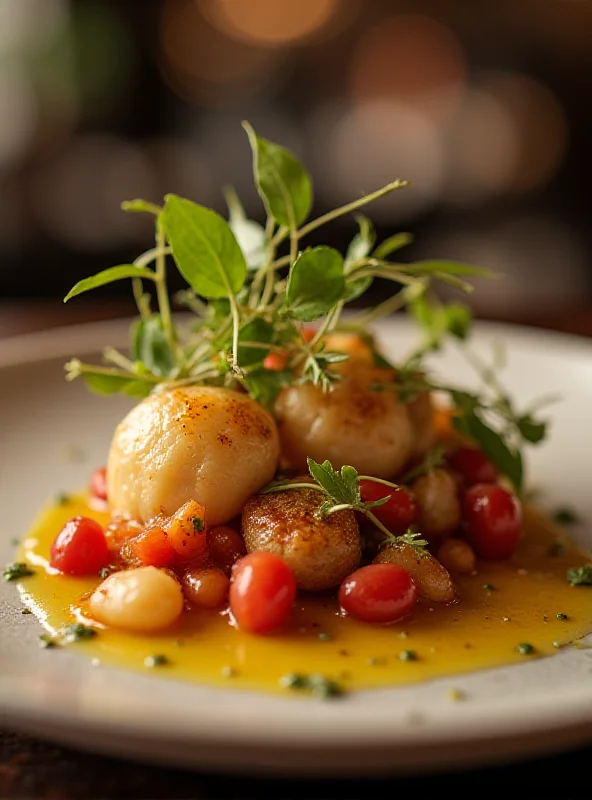 A close-up shot of a beautifully plated dish in a high-end restaurant. The focus is on the intricate details of the food and the elegant presentation.