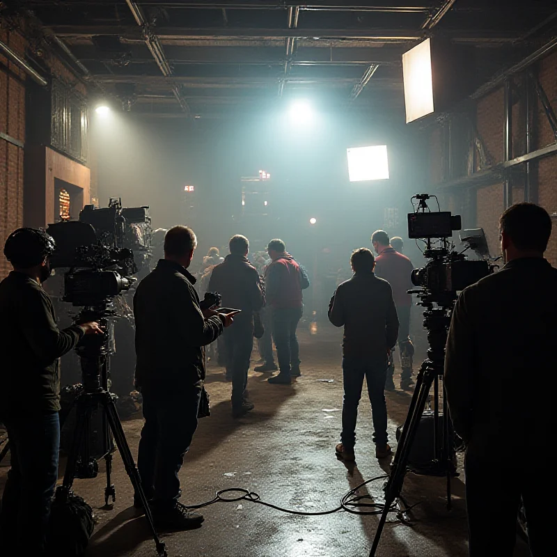 A wide shot of a film set, showing the director and crew working on a scene. Focus is on the technical equipment and the collaborative atmosphere.