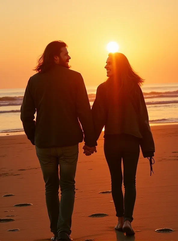 A happy couple, Georgina Baillie and her partner, smiling and holding hands, walking along a beach at sunset.