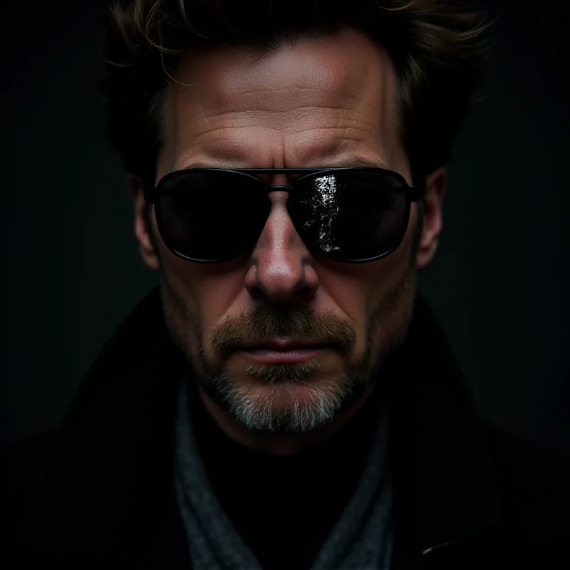 Robert Downey Jr. in a serious pose, with a subtle hint of Doctor Doom's mask reflected in his glasses.