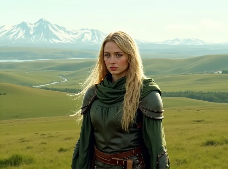 Éowyn staring intensely into the distance, determined look on her face, background of Rohan landscape