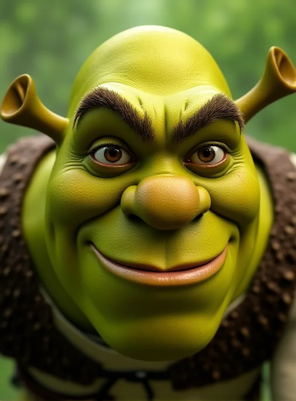 Close-up shot of Shrek's face with a slightly updated design, looking directly at the camera with a mischievous grin