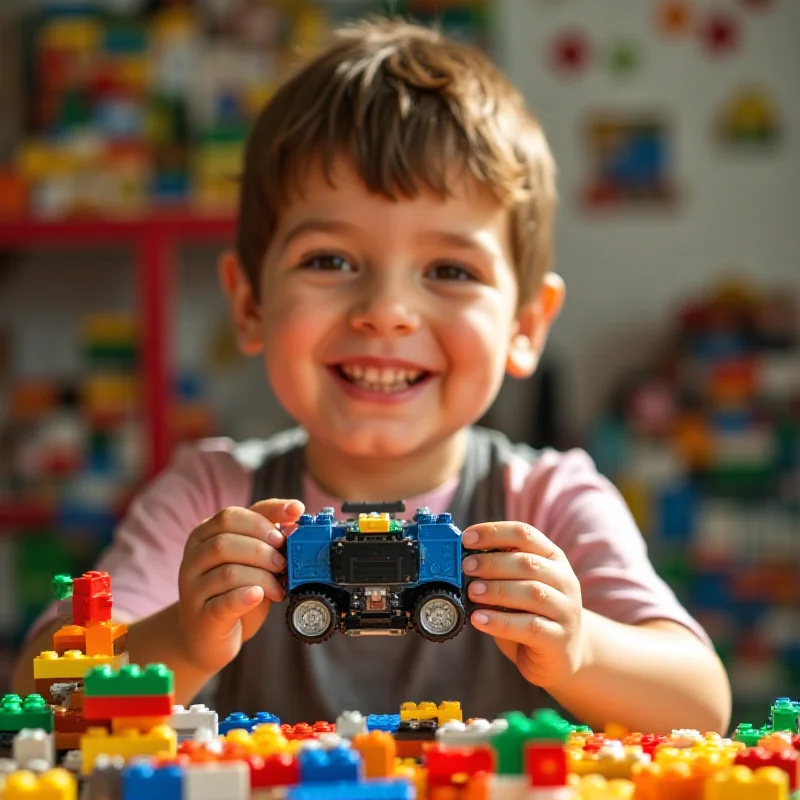 A child happily holding up a small, assembled Lego Steering Wheel model, smiling at the camera, surrounded by colorful Lego bricks