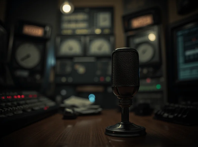 An older microphone on a stand, suggesting a radio broadcast setting, possibly from the BBC.