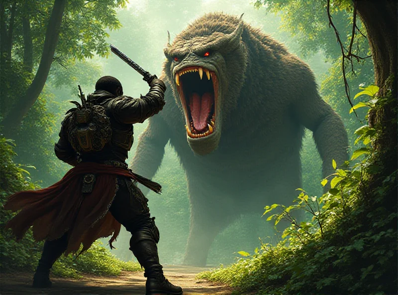 A dynamic scene from the Monster Hunter video game, showcasing a hunter battling a large and fantastical monster in a vibrant, detailed environment.