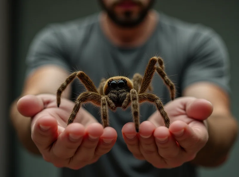 A slightly cartoonish image of a very large spider being held gently in a man's hands. The spider is brown and hairy.