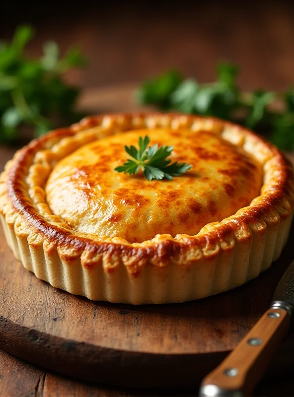 A golden brown kebab pie sits on a wooden cutting board, with a knife beside it. The pie is surrounded by parsley.