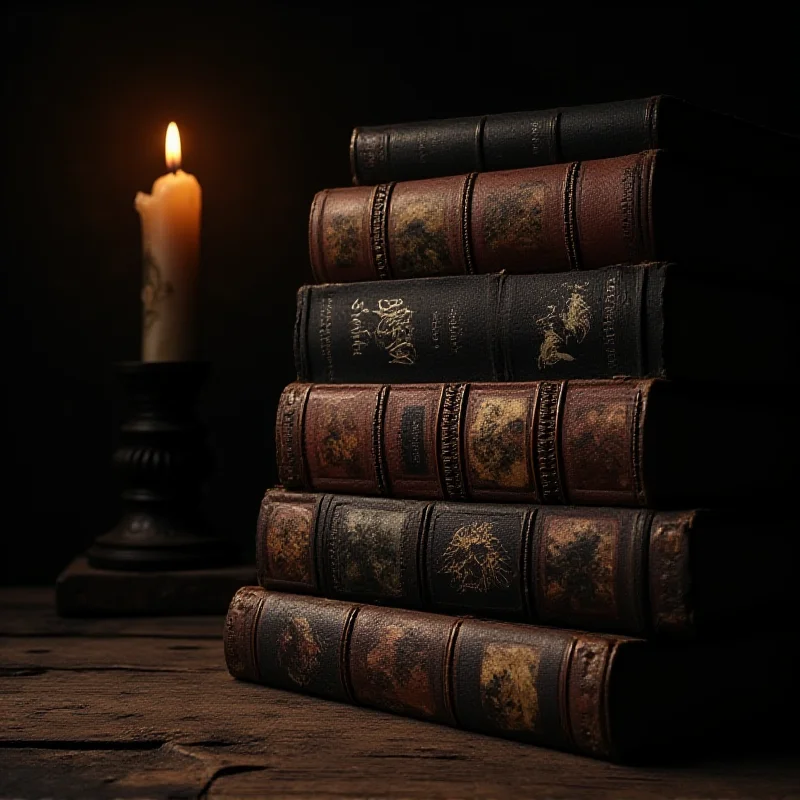 A stack of horror books, some with spooky covers, on a dark wooden table. A flickering candle provides the only light.