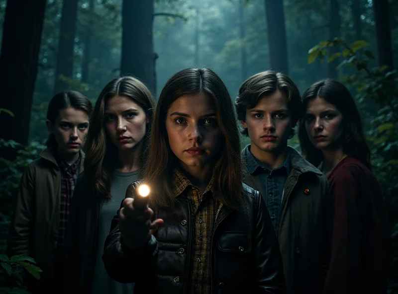 A group of young actors looking worried and determined against a backdrop of a dark, ominous forest. The actors are dressed in 1980s attire.