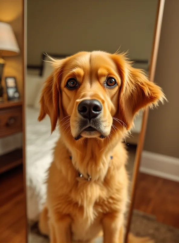 A golden retriever dog staring intently at its reflection in a mirror. The dog has a slightly confused expression on its face. The background is a cozy bedroom setting.