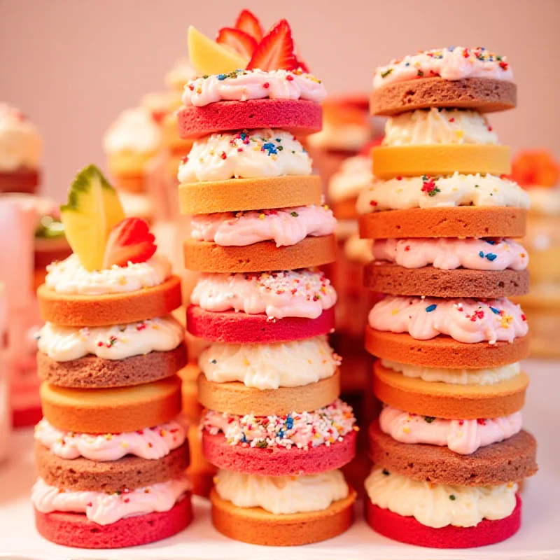 A stack of colorful and delicious-looking cakes of various flavors, including vanilla, chocolate, strawberry, and red velvet. Each cake is decorated with frosting and toppings.