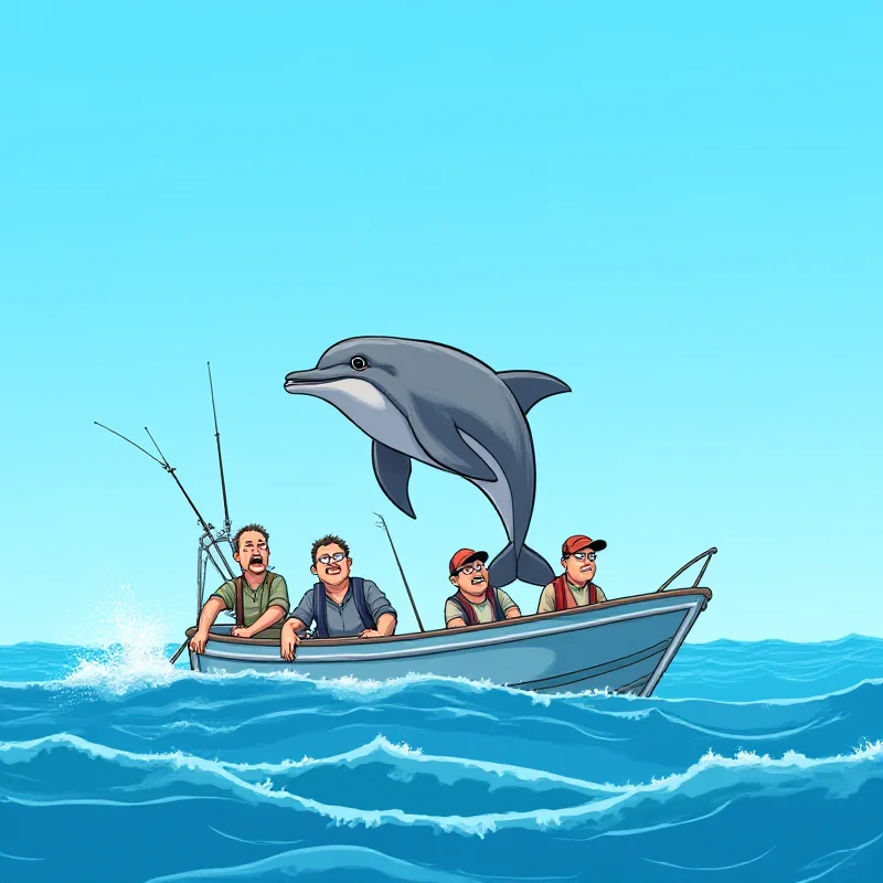 Illustration of a large dolphin jumping onto a small fishing boat with three surprised fishermen on board.