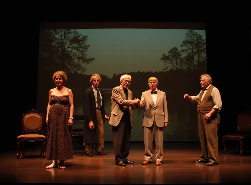 Scene from a play with actors on a stage with lake backdrop